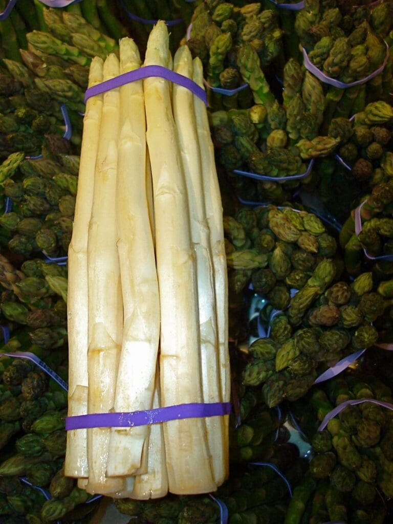 A bunch of asparagus in a plastic bag.