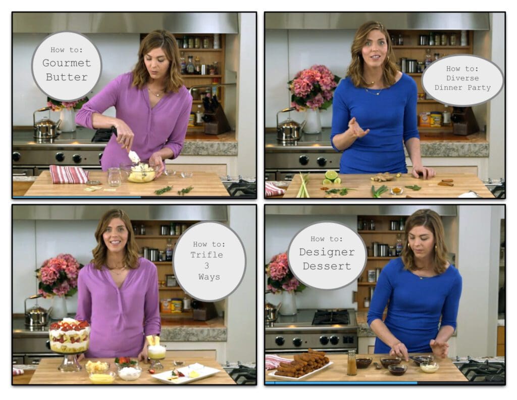 Four pictures of a woman making a cake.