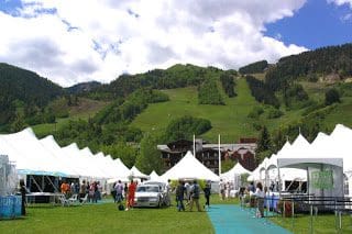 A group of tents in a grassy area with mountains in the background.