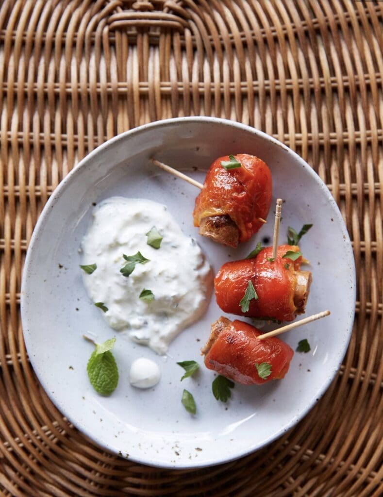 Seared lamb sausage and red pepper skewer