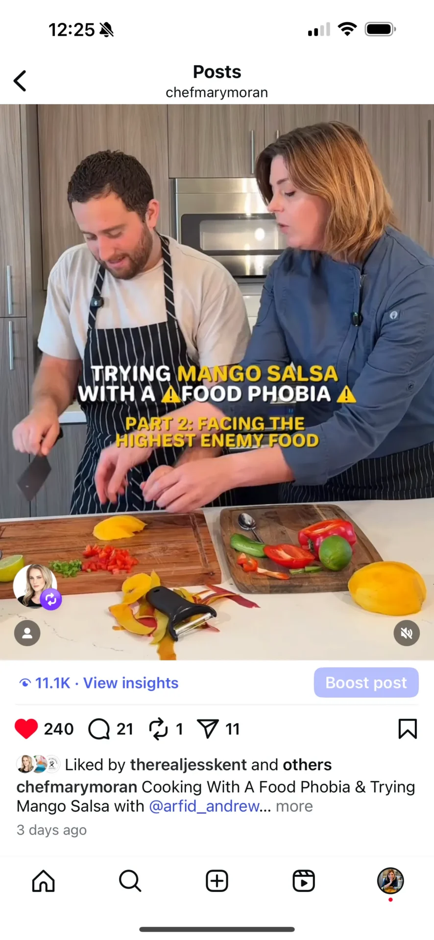 Two people preparing mango salsa in kitchen