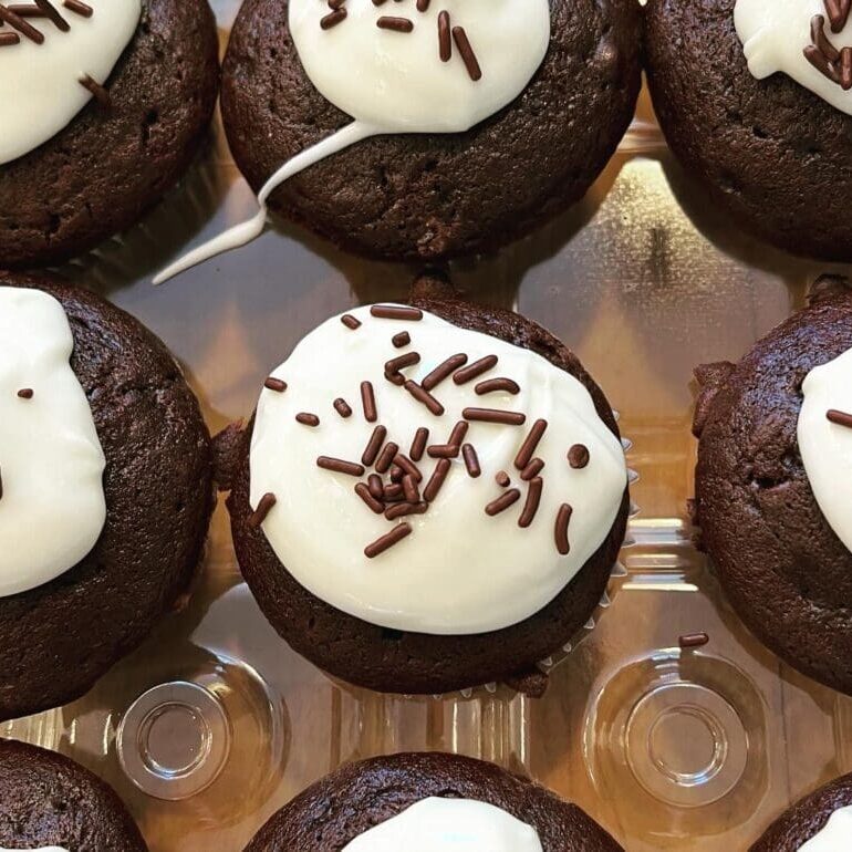 Chocolate cupcakes with white icing and sprinkles.