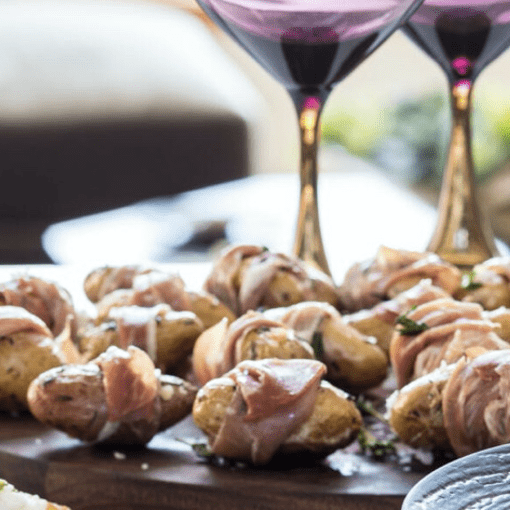 A tray of appetizers on a table.